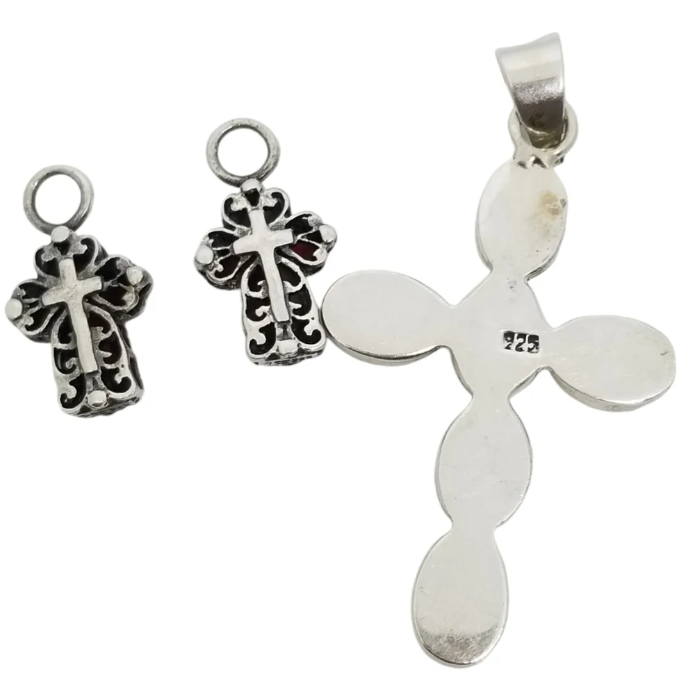 VINTAGE STERLING SILVER LARGE CROSS PENDANT & TWO SMALL CROSS PENDANTS SET